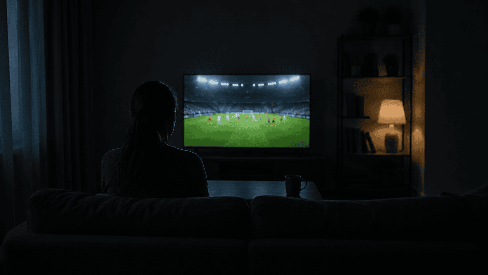 Person sitting alone at home while a football match plays on TV, representing the rise in domestic abuse during the World Cup